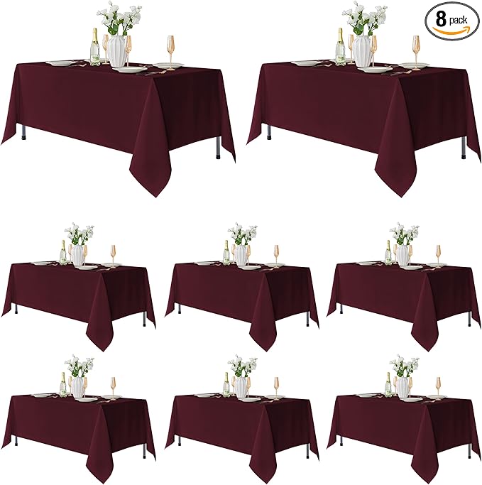 Fitable 8 Pack Rectangle Tablecloths: Stain Resistant Wrinkle Free Fabric Table Clothes, Washable Reusable Polyester Table Covers for Wedding Party Birthday Banquet Reception(Burgundy, 60x102 Inch)