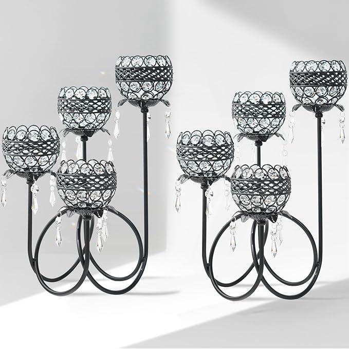 4 Arms Crystal Candelabra Tealight Holder - Tall 15.7 Inch Elegant Centerpiece with Crystal Pendant Bowls & Artistic Metal Stand for Wedding, Dining Table, Home Decor (2, Black)