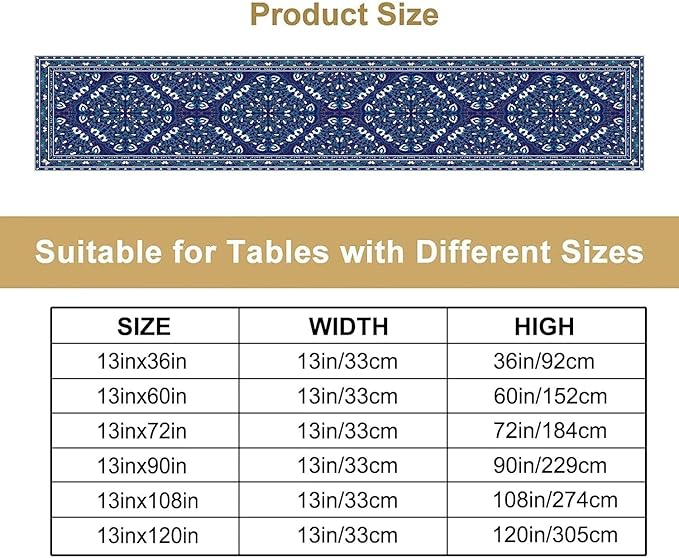 Boho Floral Vintage Table Runner, Retro Morris Abstract Blue Flower Rustic Country Farmhouse Pattern for Home Kitchen Table Decor Dining Coffee Room Wedding Party Decor 13x72in