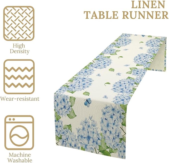 Watercolor Hydrangea Flower Table Runner, Spring Summer Seasonal Plants Butterfly Blue Dinner Runner for Home Kitchen Dining Table Party Holiday Decoration 13"x120"