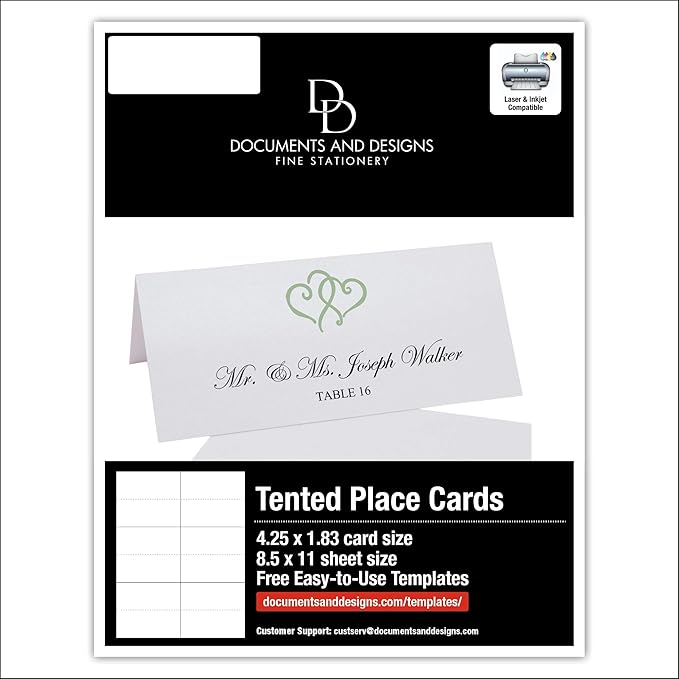 Linked Hearts Printable Place Cards, Sage (Choose Color), Set of 60 (10 Sheets), Laser & Inkjet Printers - Wedding, Party, Dinner, and Special Events - Made in the USA
