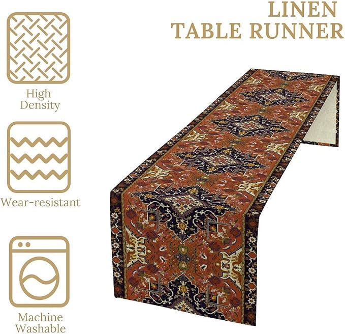 Vintage Boho Orange Table Runner, Country Rustic Farmhouse Magical Abstract Print Pattern for Home Kitchen Table Decor Dining Coffee Room Garden Party Decor 13x60in