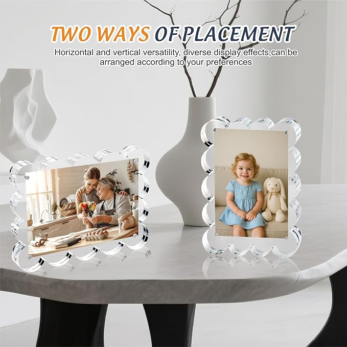 5x7 Inch Magnetic Acrylic Picture Frame,10+10mm Thick Block,Double Sided Clear scalloped frames for Desktop Display | Trendy Home Gift ((1 Pack), 5X7)