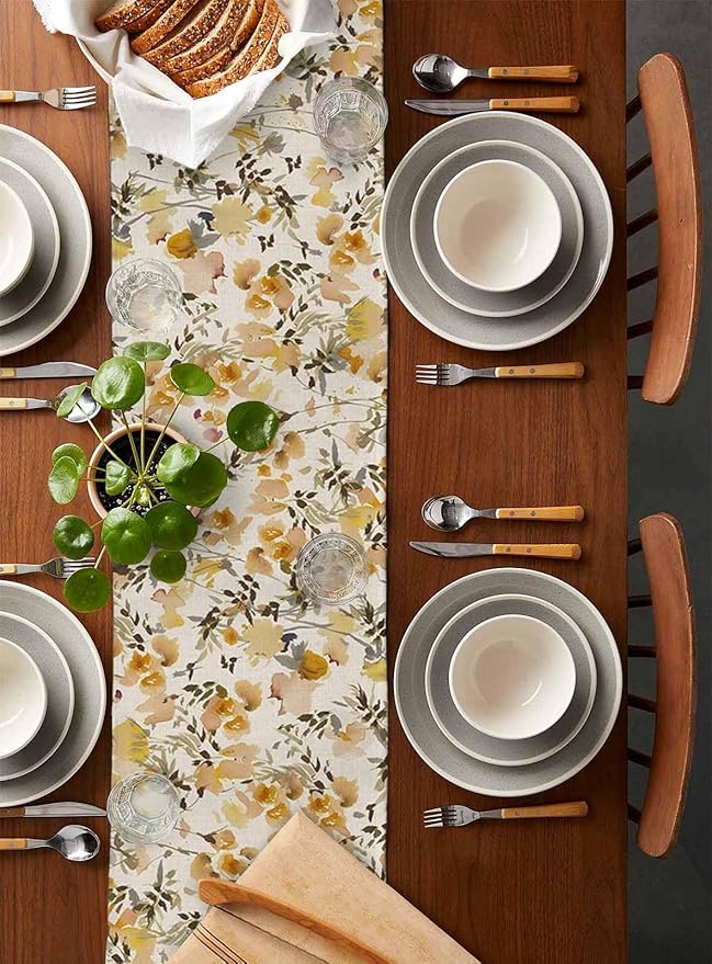 Vintage Orange Flower Cotton Linen Table Runner for Dining Kitchen, Wedding Outdoor Party Tablerunners Decoration, Farmhouse Botanical Floral Retro Dresser Scarf Coffee Tablecloth Runners 13x72 Inches
