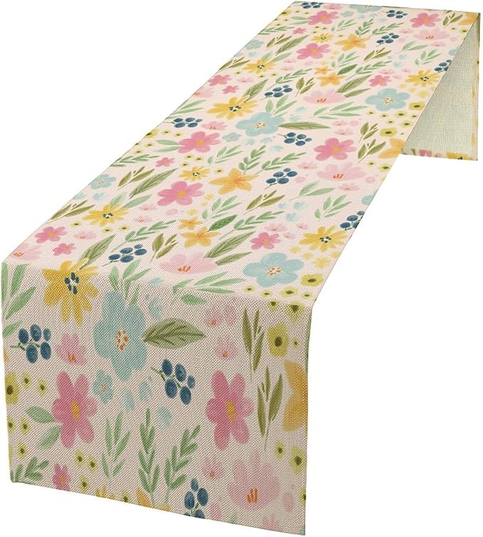 Floral Table Runner, Boho Style Watercolor Flower Green Leaf Plant Rectangle Table Decoration for Dining, Party, Holiday,13in（33cm） W * 90in（229cm） L
