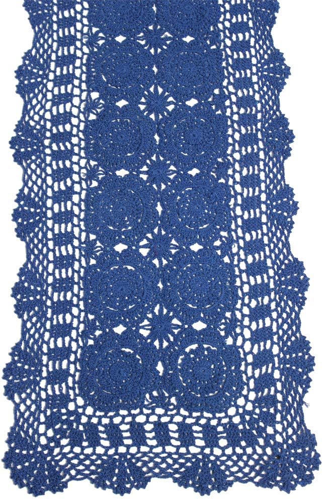 KEPSWET Cotton Handmade Crochet Lace Table Runner Blue Rectangle Coffee Table Dresser Decor (14x60 inch)