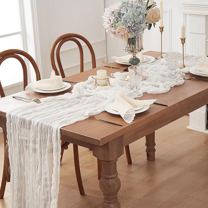 White 12 Pack Cheesecloth Table Runner 120 Inch 10 FT Boho Rustic Gauze for Wedding Baby Shower Party Farmhouse Summer Home Decor Washable