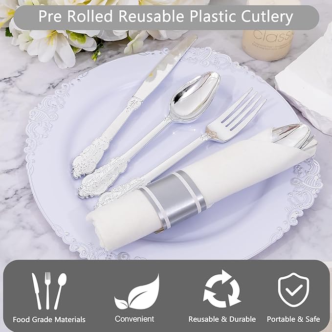 400PCS Pre Rolled Silver Plastic Silverware Sets - Heavy Duty Fancy Silver Cutlery - Include 100 Pack Wrapped Disposable Utensils with Napkins for Parties, Dinners & Weddings