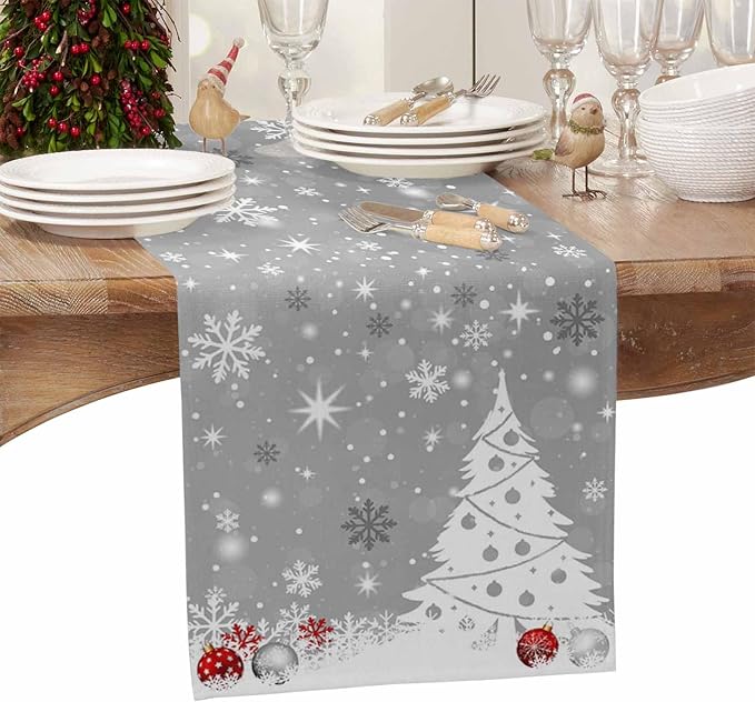 Christmas Snowflakes Cotton Linen Table Runner for Dining Kitchen, Xmas Tree Snow Winter Wedding Outdoor Party Tablerunners Decoration, Grey Balls Dresser Scarf Coffee Tablecloth Runners 13x36 Inches