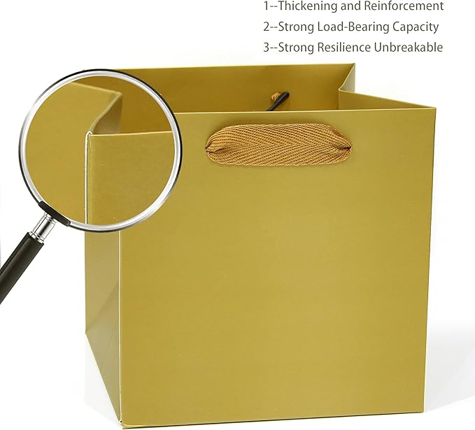 Gold Square Gift Bag 12 in Paper Gift Box Large Square Bottom Kraft Paper Bags with Handles for Party Favor, Birthday Gift Bags (Gold, 12 x 12 x 12 in, 10 CT)