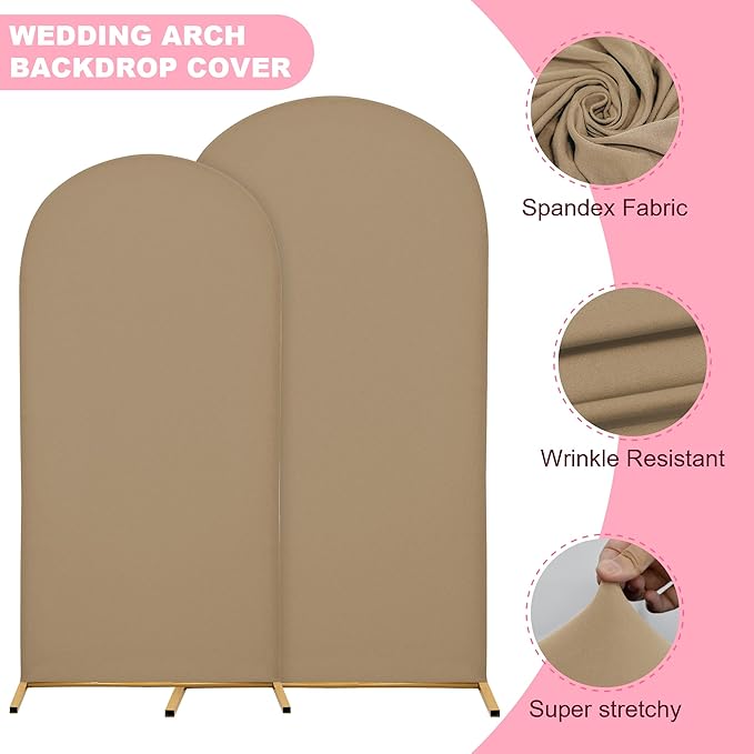 Wedding Arch Covers Arch Backdrop Cover Arch Stand Covers 7.2FT 6.6FT 6FT Set of 3 Arch Cover Spandex Fabric Stretchy Backdrop for Wedding Birthday Party Decoration Baby Shower (Khaki)
