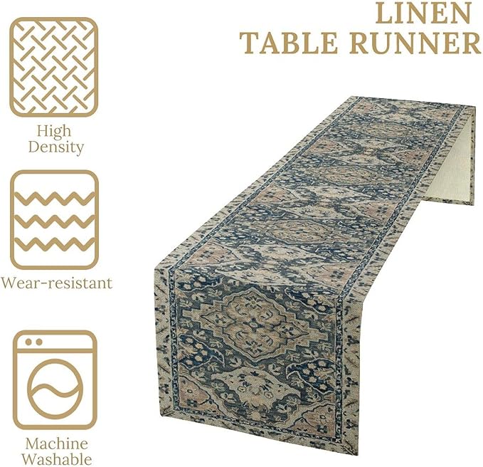 Vintage Boho Floral Table Runner, Rustic Country Farmhouse Blue Grey Retro Flower Pattern for Home Kitchen Table Decor Dining Coffee Room Party Decor 13x108in