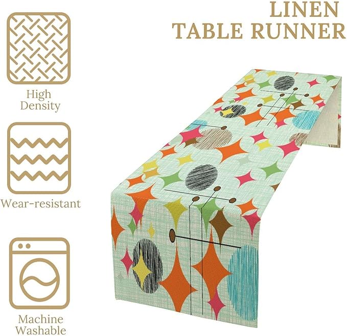Mid Century Table Runner,Abstract Retro Modern Geometric Colorful Stripe Pattern Print Tablecloth Burlap for Hotel Indoors Outdoor Dining Room Kitchen Holiday Party, 13x36in