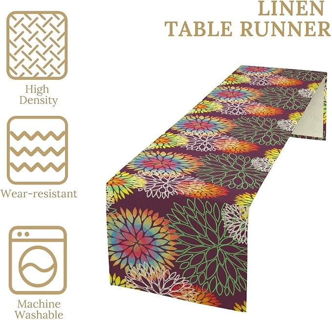 Brown Dahlia Flower Table Runner, Linen Geometric Pattern Floral Table Decor Spring Farmhouse Decorations for Kitchen Dining Holiday Party Decor, 13x90 Inch