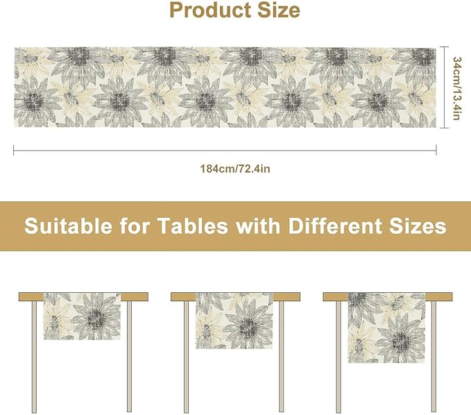 Chrysanthemum Vintage Floral Table Runner, Elegant Grunge Green Sunflower Spring Summer Elegant Pattern Artichokes Flower Table Runner for Party Kitchen Dining Living Room Decor, 13x60 Inch