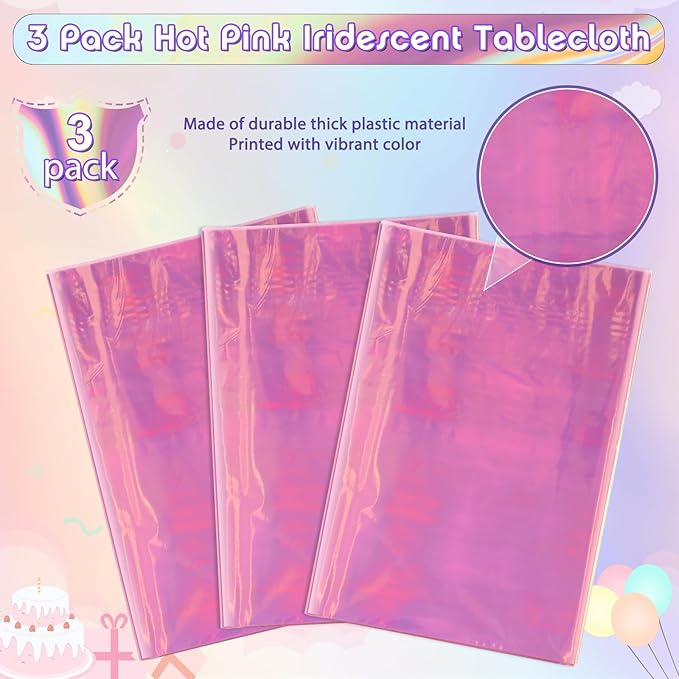 3 Pack Iridescent Plastic Tablecloth, Shiny Disposable Laser Rectangle Table Covers, Holographic Foil Tablecloth Party Decorations for Birthday Bridal Wedding Anniversary Party Supplies, 50 x 100 Inch