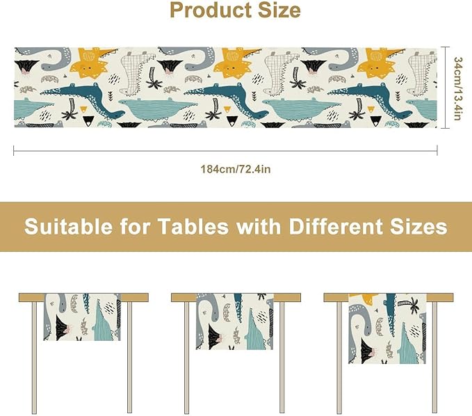 Cartoon Dinosaur Table Runner,Kids Boys Cute Various Dino Moutain Modern Abstract Print Tablecloth Burlap for Hotel Indoors Outdoor Dining Room Kitchen Holiday Party, 13x70in