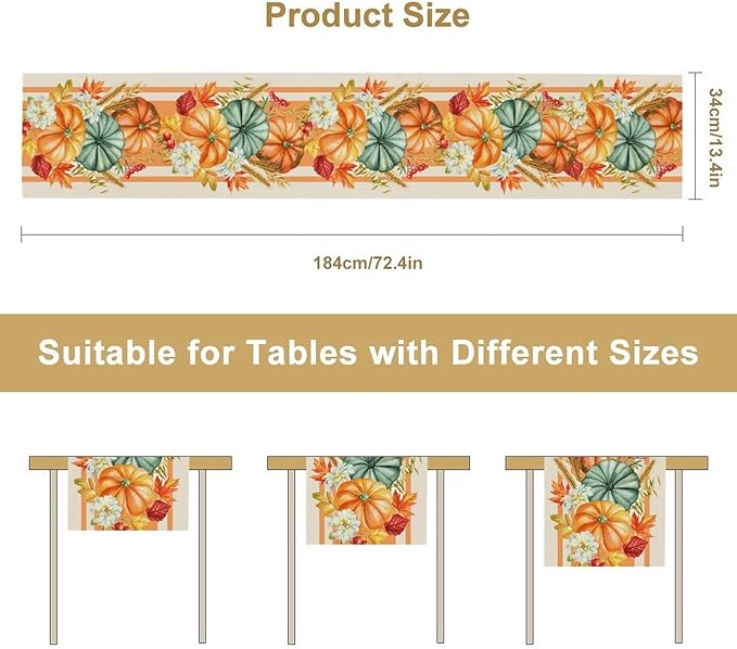 Autumn Table Runner,Orange Pumpkin Flowers Leaves Fall Table Runners Seasonal Kitchen Dining Table Decor for Thanksgiving Harvest Home Holiday Party 13x60 Inch