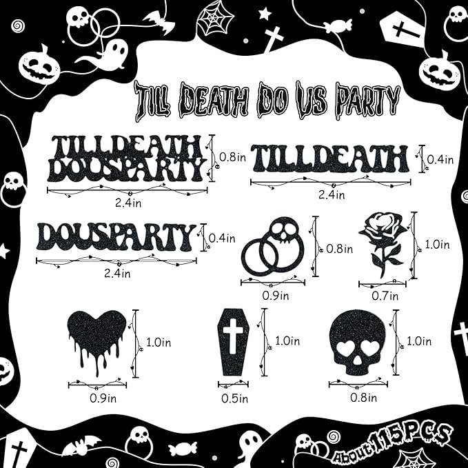 Till Death Do Us Party Confetti, Glitter Halloween Bachelorette Party Table Decorations, Skull Ring Heart Confetti for Gothic Halloween Bachelorette Weeding Bridal Shower Party Decorations（115pcs）