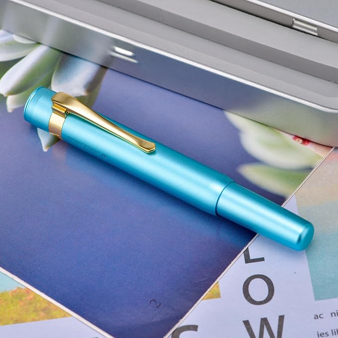 HONG DIAN M2 Black Forest Mini Fountain Pen, Extra Fine Soft Nib & Sleek Shape Aluminium Short Pocket Travel Pen (Lake Blue)