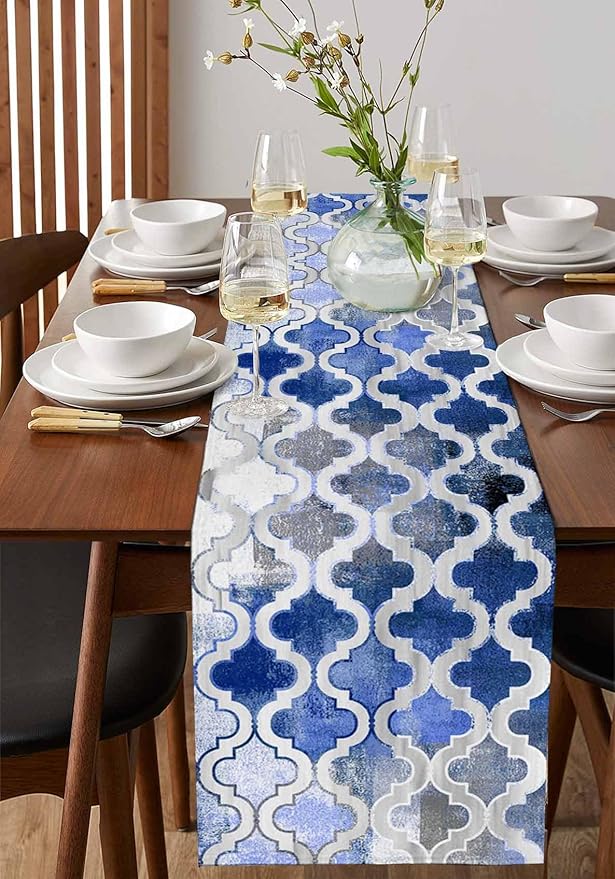 Blue Morocco Plaid Cotton Linen Table Runner for Dining Kitchen, Wedding Outdoor Party Tablerunners Decoration, Distressed Abstract Painted Vintage Dresser Scarf Coffee Tablecloth Runners 13x72 Inches