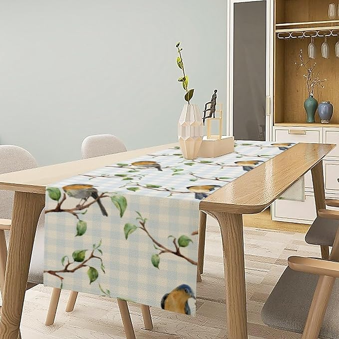 Bird Table Runner,Spring Birds Tree Blue Plaid Print Table Runner for Kitchen Dining Table Decoration Home Party Decor 13x120 Inch