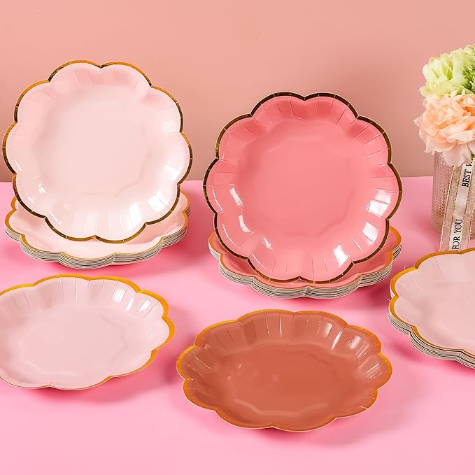 Dusty Pink Gradient Color Dessert Paper Plates, 7 inch Gold Foil Scalloped Edge, Disposable Cake Plates for Tea Party, Birthday, Baby Shower, Wedding Party Supplies (48, Dusty Pink)