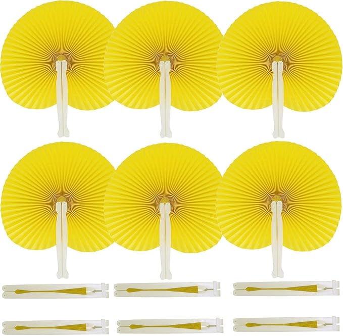 12 Packs Decorative Paper Folding Hand Fans Handheld,Yellow Round Foldable Wedding Fans Chinese and Japanese Fans Bulk for Bridal Guest Church Party Favors Dancing Birthday DIY