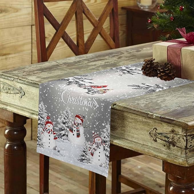 Christmas Snowman Cotton Linen Table Runner for Dining Kitchen, Snowflakes Xmas Pine Tree Wedding Outdoor Party Tablerunner Decoration Winter Bird Dresser Scarf Coffee Tablecloth Runners 13x90 Inches