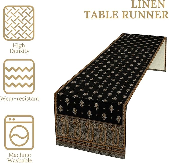 Vintage Paisley Table Runner, Boho Brown Black Flowers Leaves Print Table Runner for Home Dining Kitchen Table Party Wedding Decor, 13x36inch