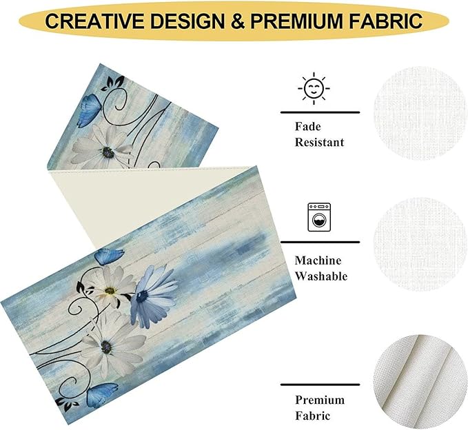 Daisy Floral Table Runner, Spring Seasonal Summer Wild Flower Rustic Country Farmhouse Table Center Decor for Home Kitchen Dining Patio Holiday Party Indoor Outdoor Table Decorations, 13"x108" Inch