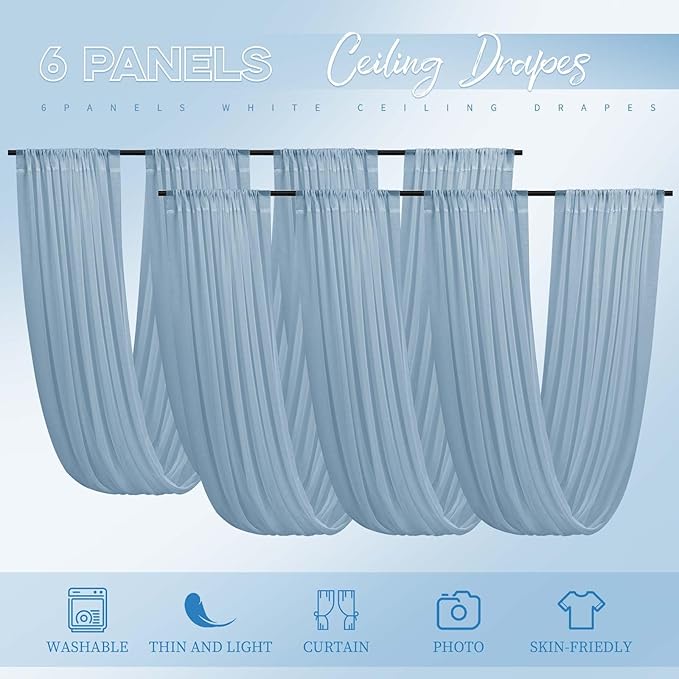 6 Panels Dusty Blue Ceiling Drapes for Wedding 5ftx10ft Ceiling Drapes Wedding Arch Draping Fabric Cheesecloth Sheer Curtain Romantic Ceiling Decorations for Weddings Party Banquet Ceremony Stage
