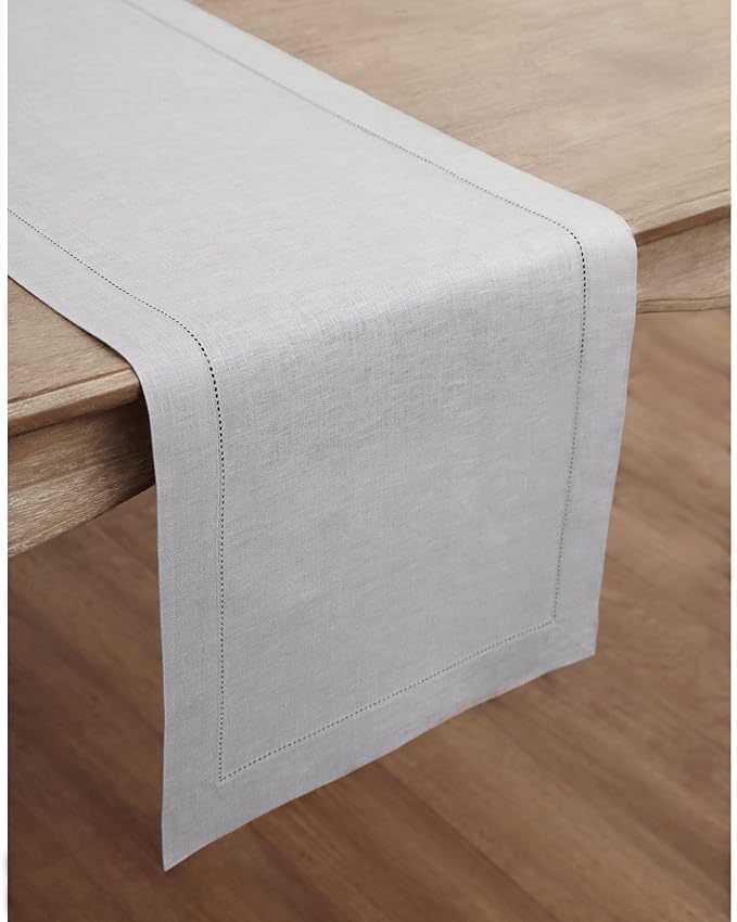 Solino Home Linen Soft Grey Table Runner 60 Inches - Classic Hemstitch, 100% Pure Linen Coffee Table Runner 14 x 60 Inch Ideal for Dresser Tables - Fall, Autumn, Halloween, Thanksgiving, Christmas