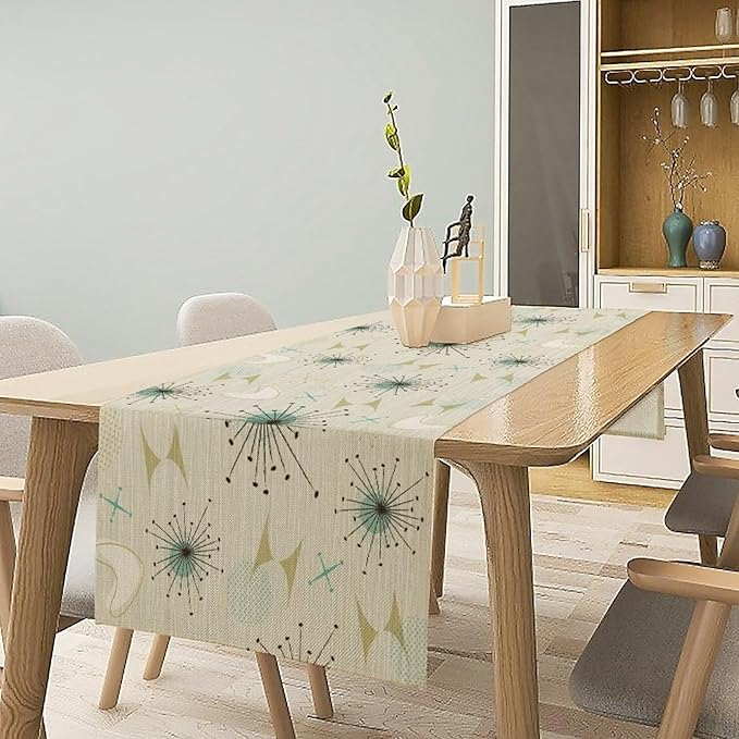 Mid Century Table Runner, Flag Retro Atomic Starburst 1950s Abstract Geometric Space Tabletop Decoration for Home Kitchen Restaurant Table Flag 13x60 Inch