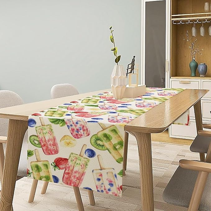 Ice Cream Table Runner, Watercolor Fruit Ice Popsicles Berry Kiwi Cold Summer Desserts Seasonal Dinner Runner for Party Holiday Home Kitchen Dining Table Decor 13"x60"