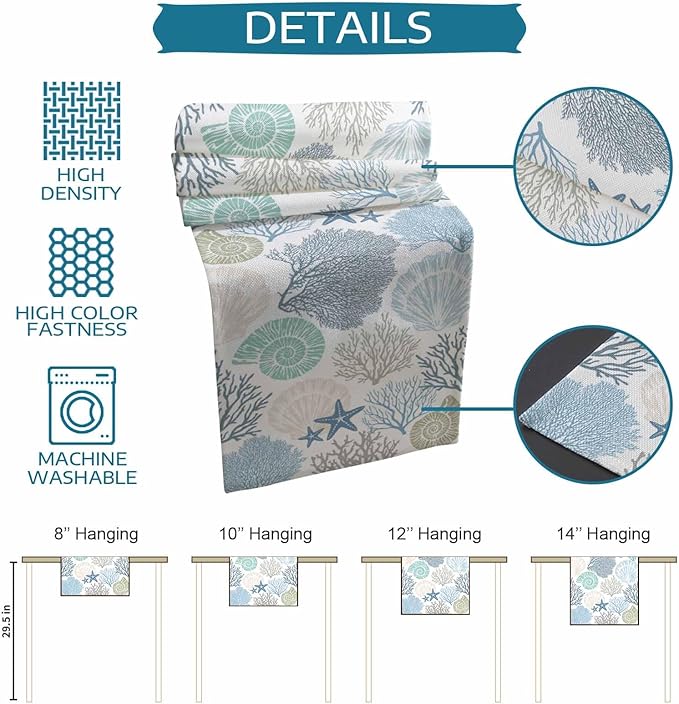 Coastal Coral Cotton Linen Table Runner for Dining Kitchen, Wedding Outdoor Party Tablerunners Decoration, Blue Nautical Starfish Ocean Shell Beach Dresser Scarf Coffee Tablecloth Runners 13x48 Inches