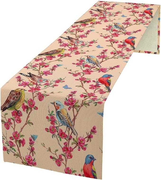 Floral Butterfly Table Runner Seasonal Spring Flower Bird Table Decoration Table Runner for Home Party Decoration 13x70 Inch