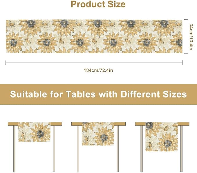 Chrysanthemum Vintage Floral Table Runner, Elegant Grunge Orange Sunflower Spring Summer Elegant Pattern Artichokes Flower Table Runner for Party Kitchen Dining Living Room Decor, 13x36 Inch