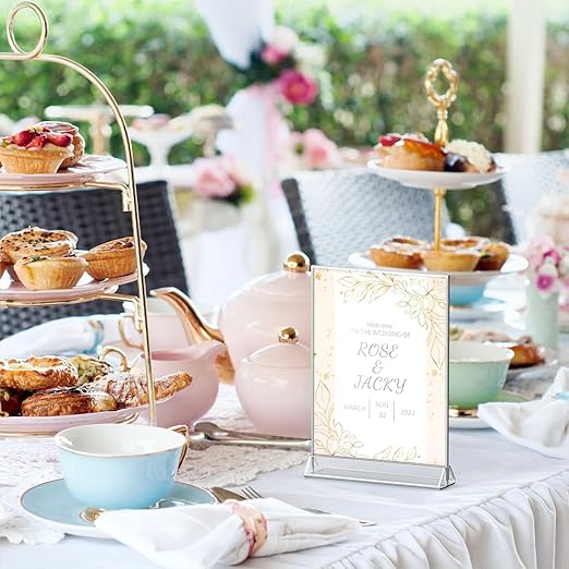 NIUBEE 6Pack 5x7 Clear Acrylic Sign Holder with Sliver Borders and Vertical Stand, Double Sided Table Menu Holders Picture Frames for Wedding Table Numbers, Restaurant Signs, Photos and Art Display