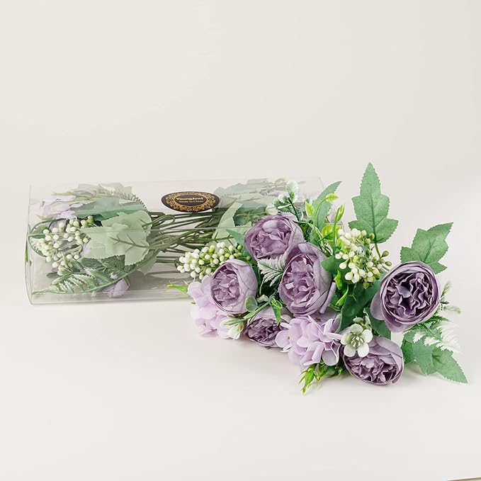 Artificial Flowers Fake Peony Silk Mini Plastic Bridal Flowers for DIY Wedding Bouquets Home Decorations 2 Packs(Light Purple)