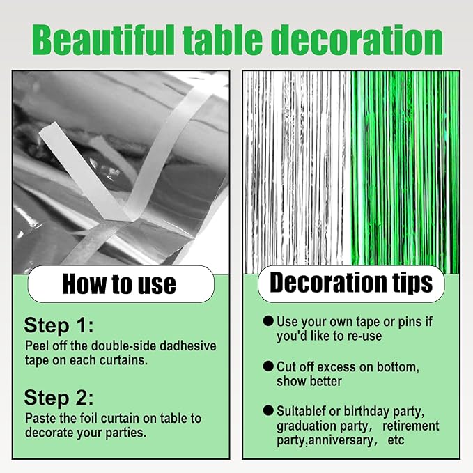 3 Pack 29 x108 Inch Silver Green Foil Fringe Table Skirts Metallic Banner for Tinsel Streamer Garland Backdrop for Parade Floats Wedding Thanksgiving Birthday Christmas New Year Party Decoration