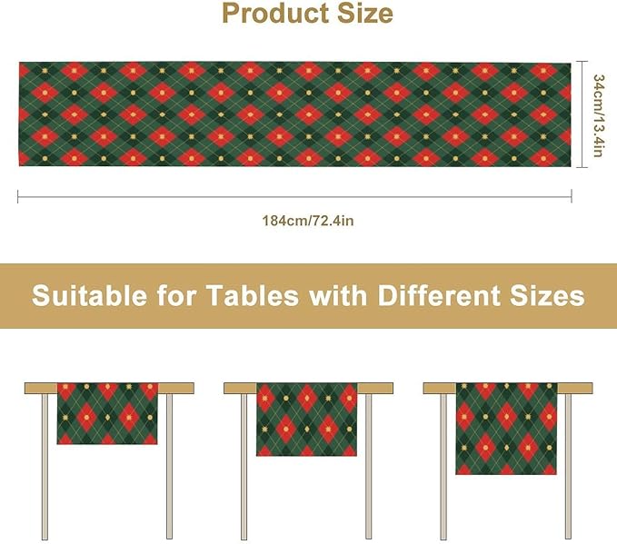 Christmas Table Runner,Green Red Xmas Plaid Table Cloth Kitchen Dining Table Decoration for Home Party Decor 13x70 Inch