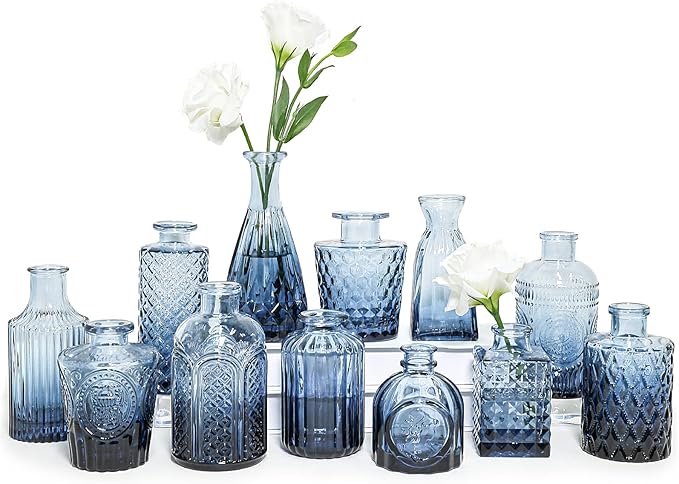 Glass Bud Vase Set of 12, Small Blue Flower Vases for Centerpieces in Bulk, Mini Vintage Vase for Wedding, Home,Table Decoration