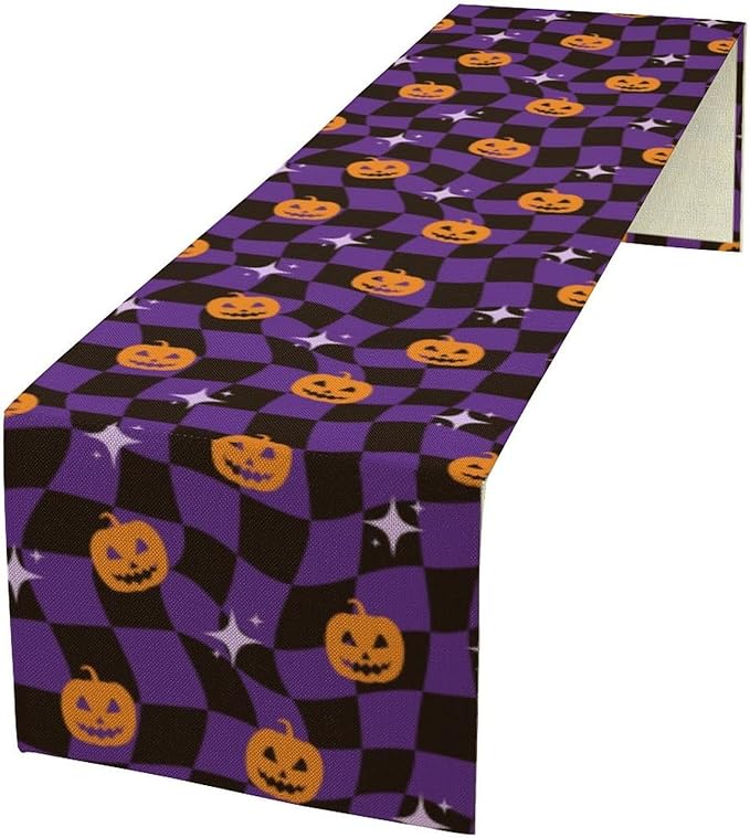 Halloween Table Runner,Purple Checkered Pumpkin Table Runner for Kitchen Dining Table Decoration Home Party Decor 13x60 Inch