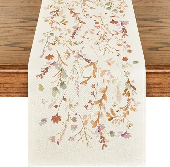 Artoid Mode Floral Leaves Fall Table Runner, Wild Flowers and Grasses Seasonal Autumn Kitchen Dining Table Decoration for Home Party Decor 13x90 Inch