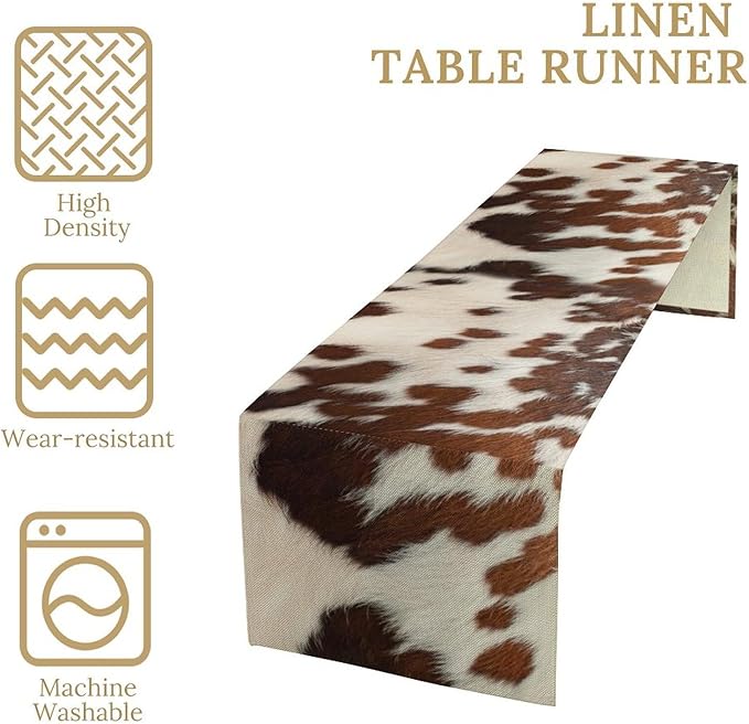 Farmhouse Cow Skin Print Table Runner, Safari Wildlife Brown Country Farm Cowhide Pattern Cotton Linen Rustic Cottage Table Runner for Dinning Home Party Holidays Home Setting, 13x108 Inch