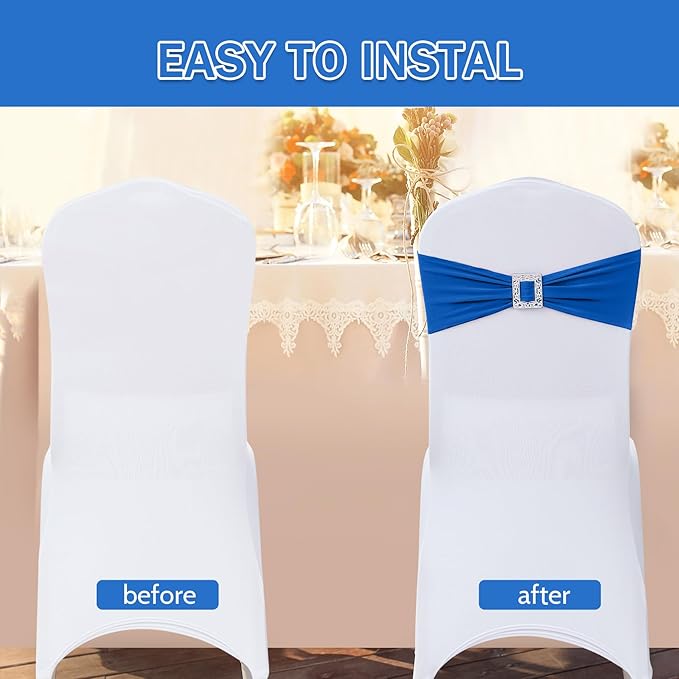 Joccun 120 PCS Spandex Chair Sashes Bows Stretch Chair Cover Band with Buckle Slider Universal Elastic Chair Ties for Wedding Banquet Party Event Decoration (Royal Blue)