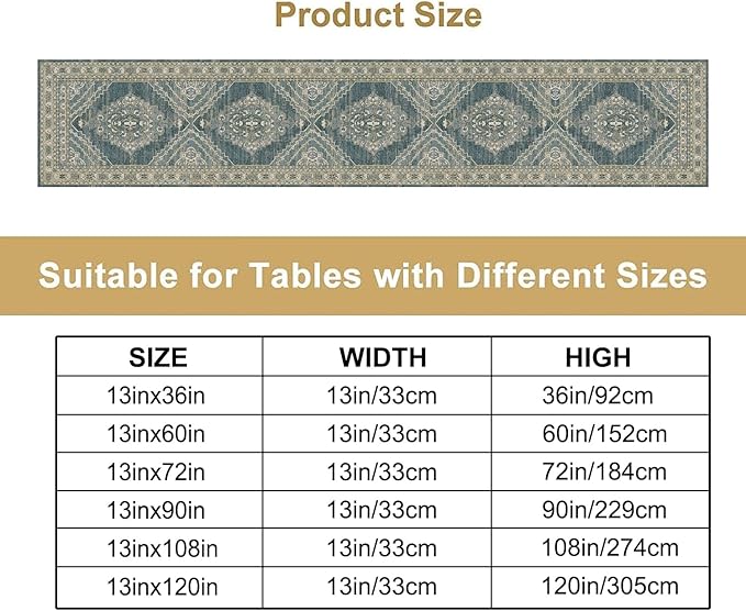 Boho Floral Vintage Table Runner, Blue Teal Retro Flower Rustic Country Farmhouse Pattern for Home Kitchen Table Decor Dining Coffee Room Party Decor 13x60in