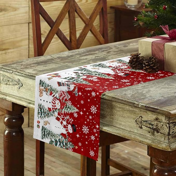 Christmas Snowman Cotton Linen Table Runner for Dining Kitchen, Xmas Tree White Snowflakes Winter Wedding Outdoor Party Tablerunners Decoration, Dresser Scarf Coffee Tablecloth Runners 13x48 Inches