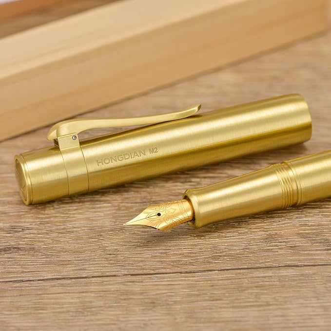 Hongdian M2 Mini Brass Fountain Pen with Bent Nib, Sleek Shape Short Pocket Travel Pen (Glossy Brass)